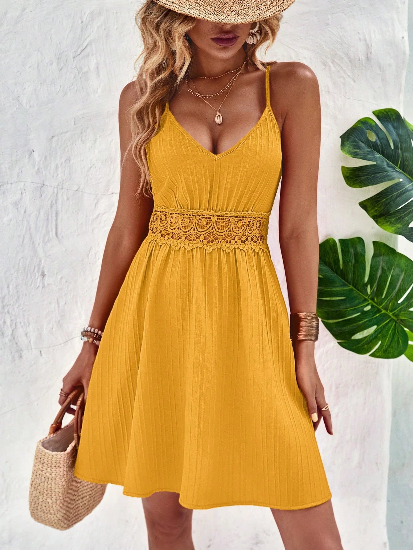Breezaya Summer Holiday Lace Splicing Waist Cinched Cami Dress