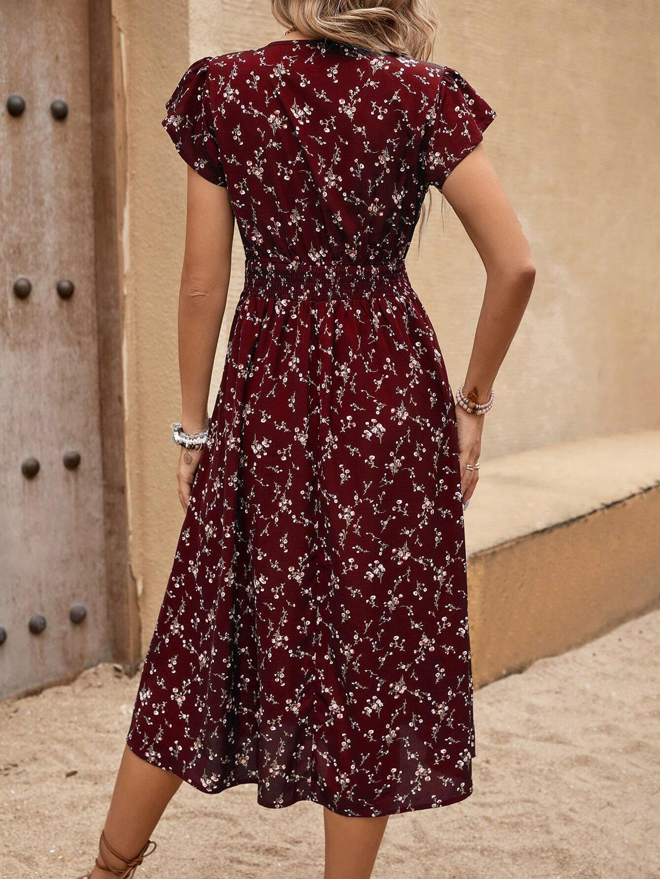 EMERY ROSE Women's Bohemian Style Floral Print V-Neck Waist Tie Short Sleeve Long Dress For Summer Vacation Burgundy Maxi Women Outfit