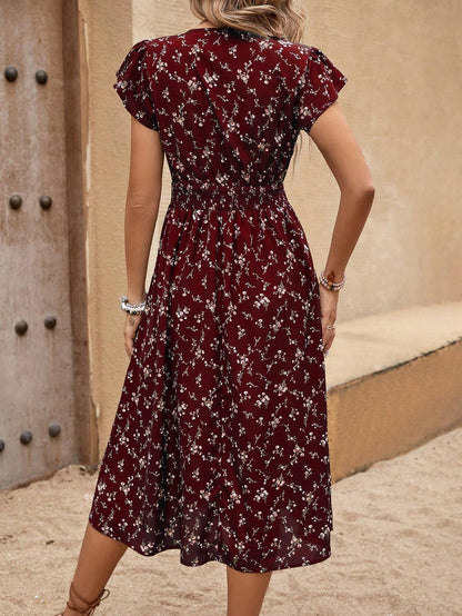 EMERY ROSE Women's Bohemian Style Floral Print V-Neck Waist Tie Short Sleeve Long Dress For Summer Vacation Burgundy Maxi Women Outfit