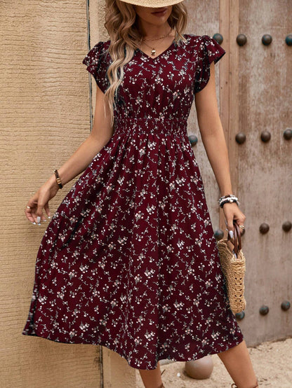 EMERY ROSE Women's Bohemian Style Floral Print V-Neck Waist Tie Short Sleeve Long Dress For Summer Vacation Burgundy Maxi Women Outfit