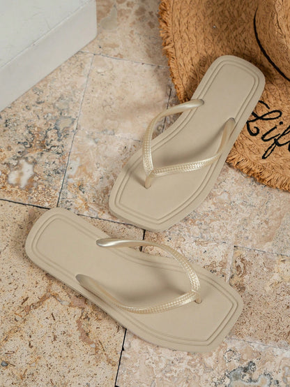 Women's Thick-bottomed Slip-resistant Flip Flops With Toe Thongs For Outdoor Activities, Swimming & Water Leisure, Waterproof Eva Material