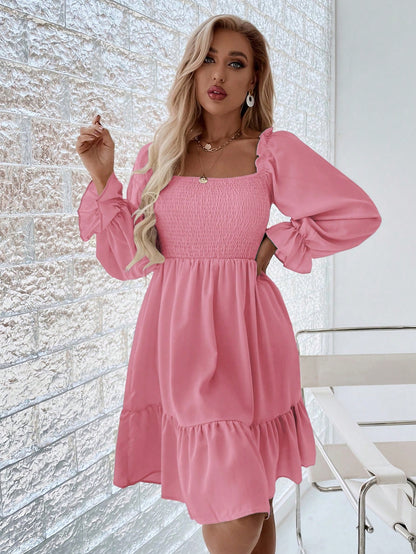 Chiquease Square Neck Shirred Bodice Flounce Sleeve Ruffle Hem Dress Fall Cloth For Women