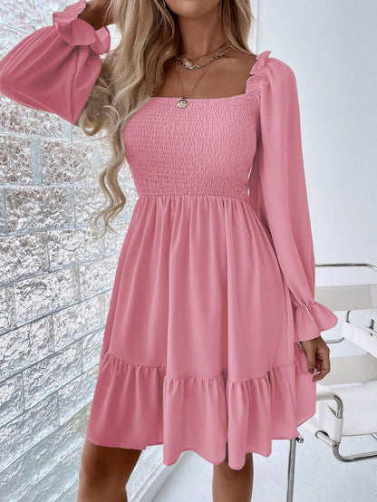 Chiquease Square Neck Shirred Bodice Flounce Sleeve Ruffle Hem Dress Fall Cloth For Women