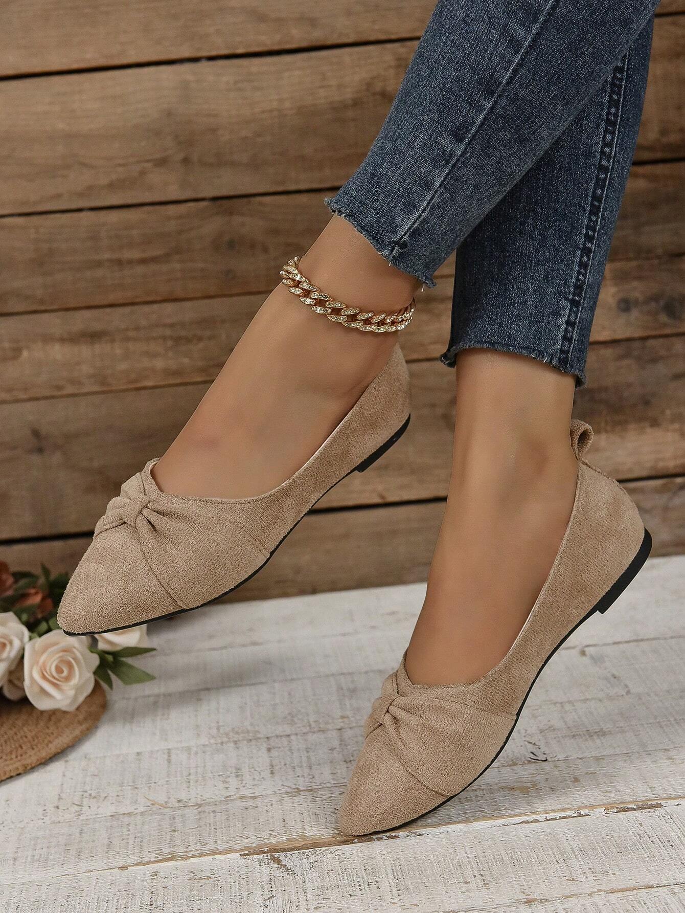 Women's Brown Minimalist Flat Shoes With Pleated Toe, Elegant Style, Outdoors In Summer, Faux Suede