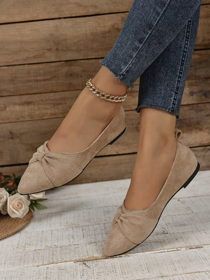 Women's Brown Minimalist Flat Shoes With Pleated Toe, Elegant Style, Outdoors In Summer, Faux Suede