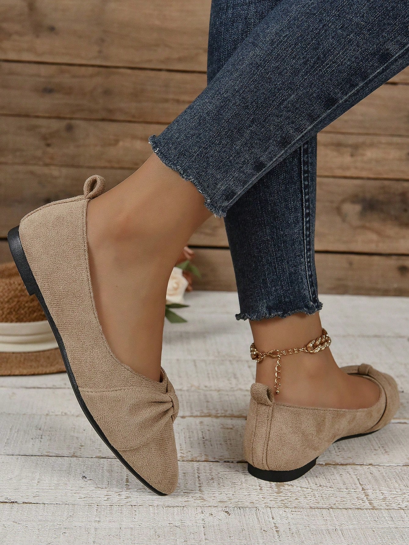 Women's Brown Minimalist Flat Shoes With Pleated Toe, Elegant Style, Outdoors In Summer, Faux Suede