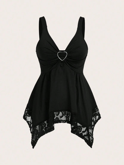 Sweetra Women Lace Decorated Heart Shaped And Floral Splicing Tank Top Y2K Outfit