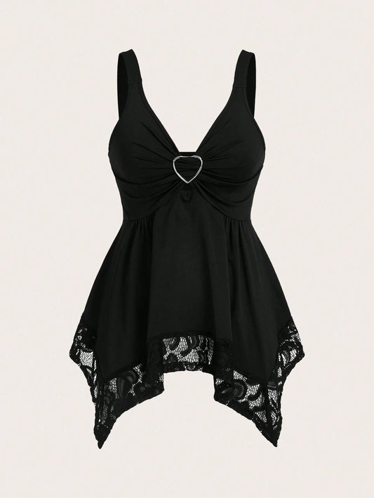 Sweetra Women Lace Decorated Heart Shaped And Floral Splicing Tank Top Y2K Outfit