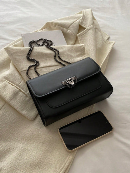 1pc Minimalist Fashion Indentation Diamond Shape Square Bag Lock Closure Flap Opening Metal Chain Shoulder Bag Suitable For Women's Daily Casual Use
