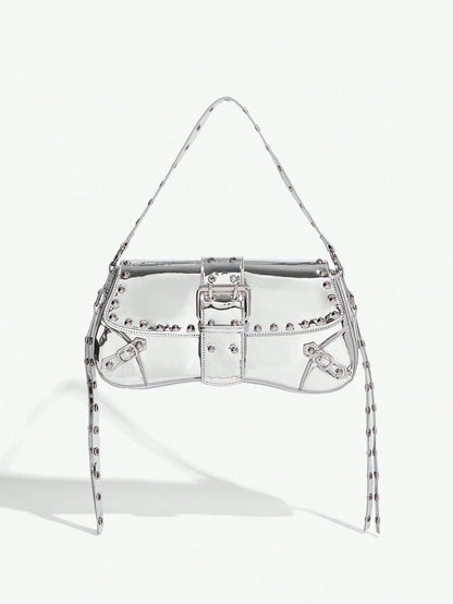 SHEIN X Lucía Bellido SHEIN SXY Fashionable Black Stud Shoulder Bag For Women, Versatile, Shopping Bag, Cool, Street Bag, Teenagers