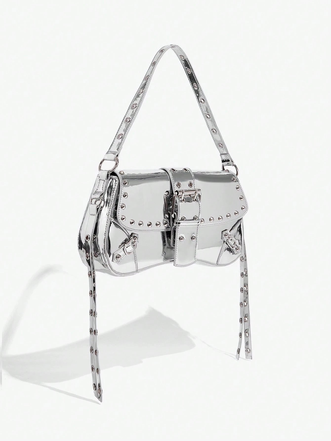 SHEIN X Lucía Bellido SHEIN SXY Fashionable Black Stud Shoulder Bag For Women, Versatile, Shopping Bag, Cool, Street Bag, Teenagers