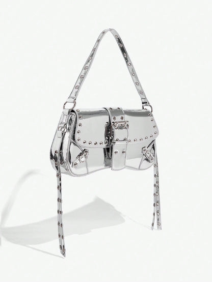 SHEIN X Lucía Bellido SHEIN SXY Fashionable Black Stud Shoulder Bag For Women, Versatile, Shopping Bag, Cool, Street Bag, Teenagers