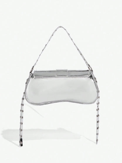 SHEIN X Lucía Bellido SHEIN SXY Fashionable Black Stud Shoulder Bag For Women, Versatile, Shopping Bag, Cool, Street Bag, Teenagers