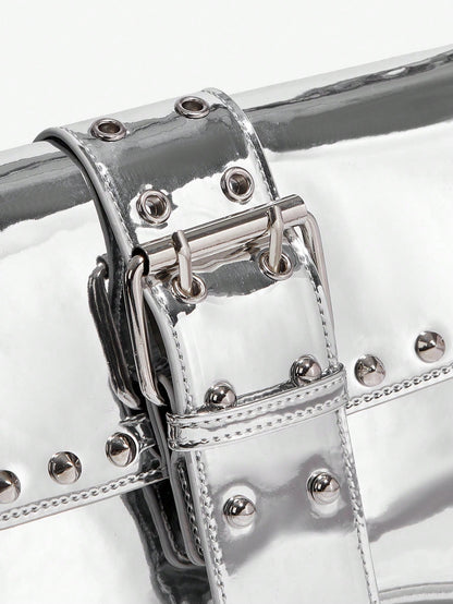 SHEIN X Lucía Bellido SHEIN SXY Fashionable Black Stud Shoulder Bag For Women, Versatile, Shopping Bag, Cool, Street Bag, Teenagers