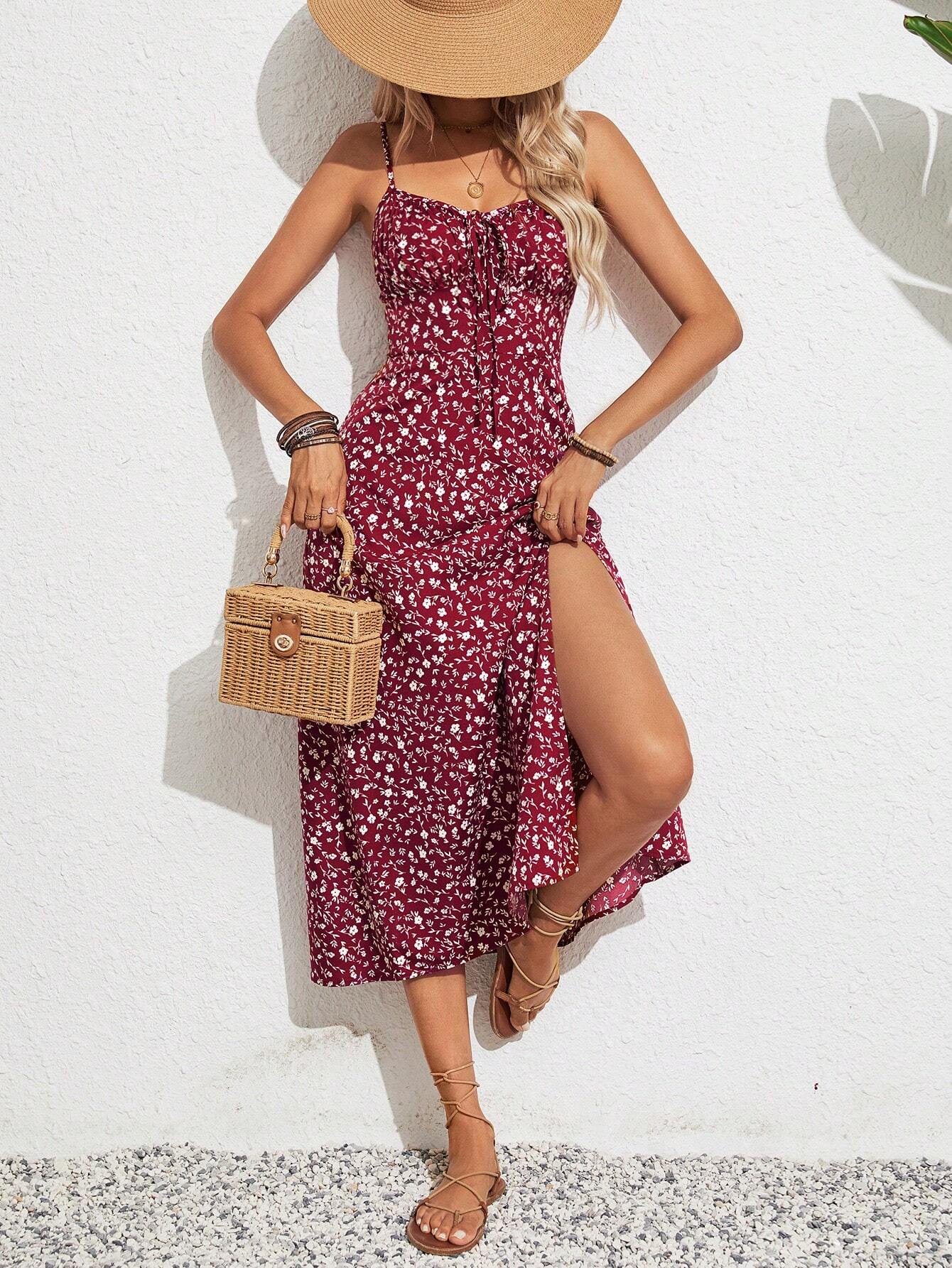 SHEIN Frenchy Women Ditsy Floral Side Slit Hem Cami Dress,Summer Dresses,Summer Dresses For Women,Floral