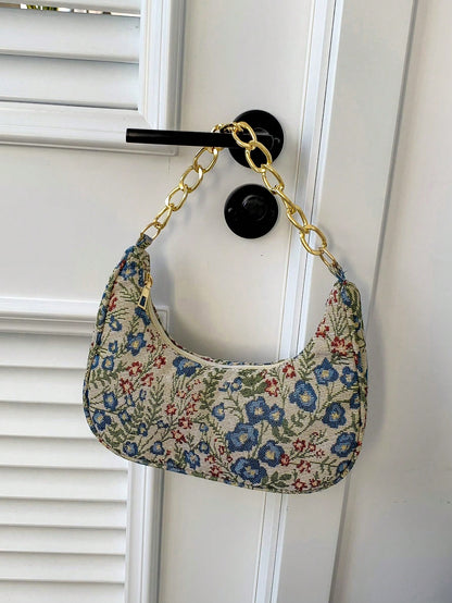 Fashion Metal Chain Handbag With Flower Design,Floral Printed Canvas Shoulder Bag , Tready Crescent Moon Bag For Women, Exquisite Floral Bag For Women