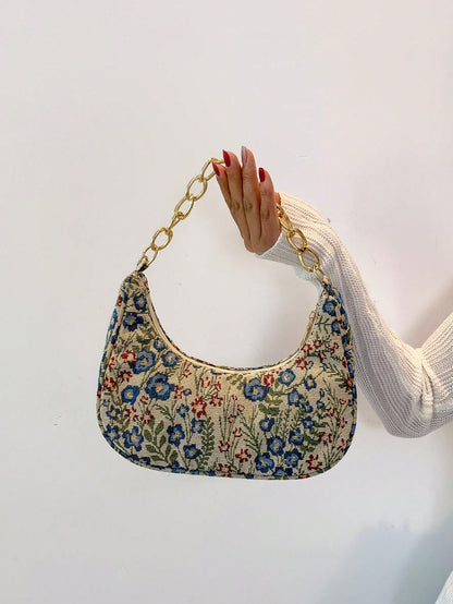 Fashion Metal Chain Handbag With Flower Design,Floral Printed Canvas Shoulder Bag , Tready Crescent Moon Bag For Women, Exquisite Floral Bag For Women