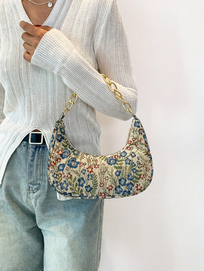 Fashion Metal Chain Handbag With Flower Design,Floral Printed Canvas Shoulder Bag , Tready Crescent Moon Bag For Women, Exquisite Floral Bag For Women