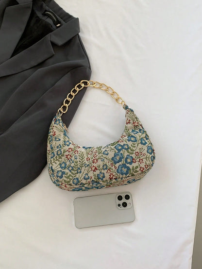 Fashion Metal Chain Handbag With Flower Design,Floral Printed Canvas Shoulder Bag , Tready Crescent Moon Bag For Women, Exquisite Floral Bag For Women