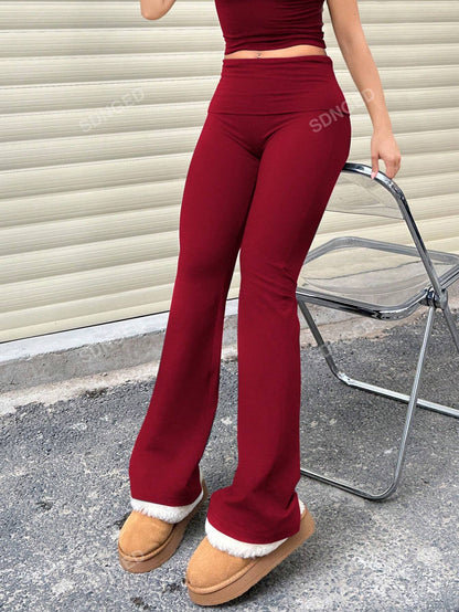 Women's Casual Solid Color Wide-Waist Flare Pants, Leggings Fold-Over Waist High Waist Ruched Slim Fit
