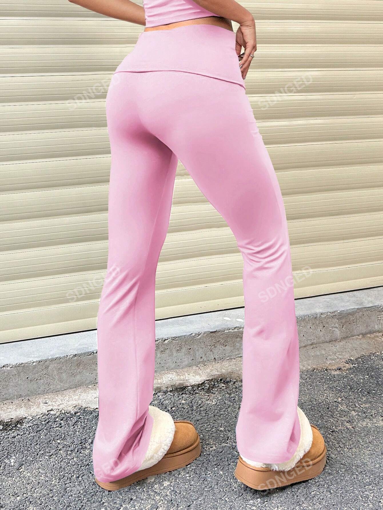 Women's Casual Solid Color Wide-Waist Flare Pants, Leggings Fold-Over Waist High Waist Ruched Slim Fit