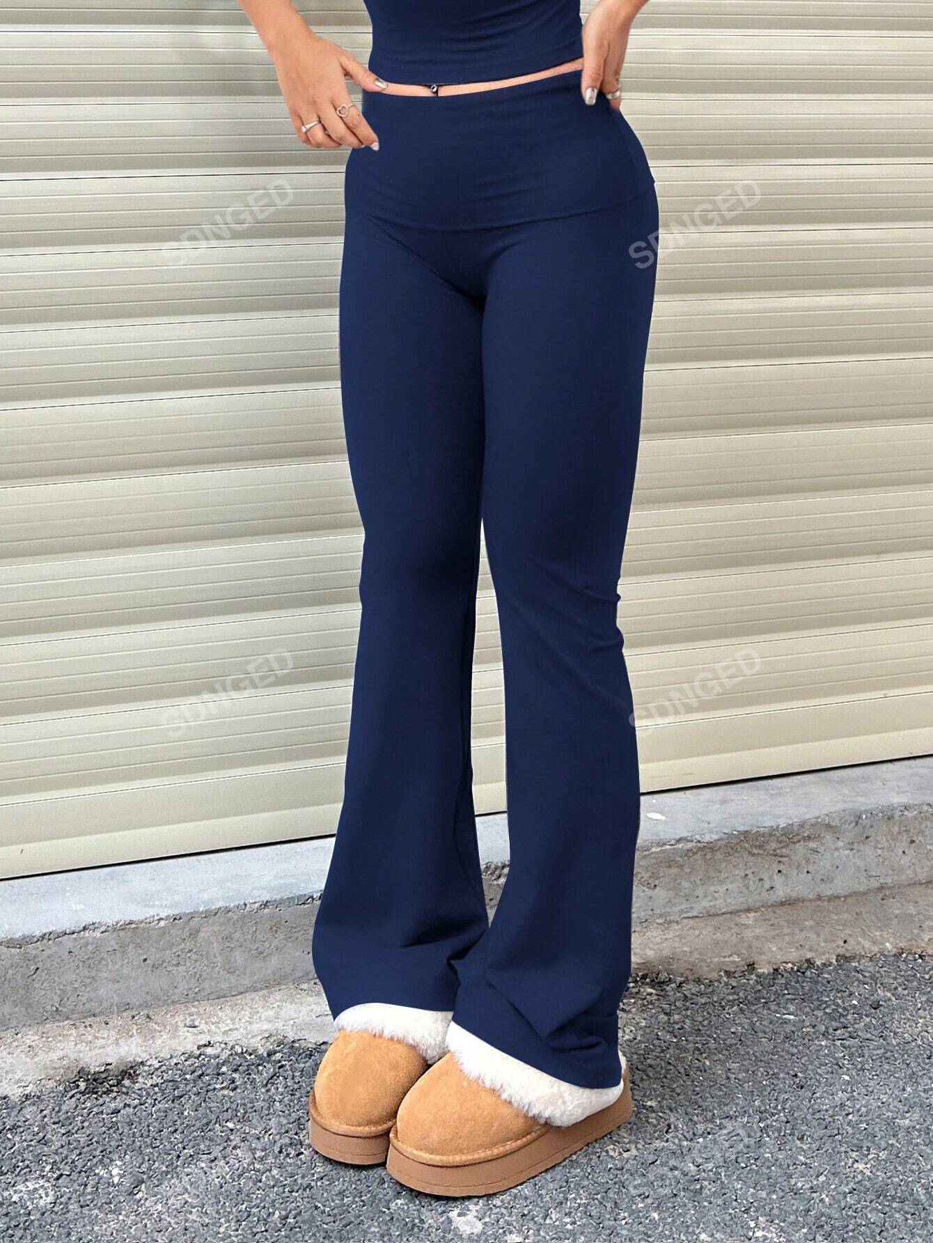 Women's Casual Solid Color Wide-Waist Flare Pants, Leggings Fold-Over Waist High Waist Ruched Slim Fit
