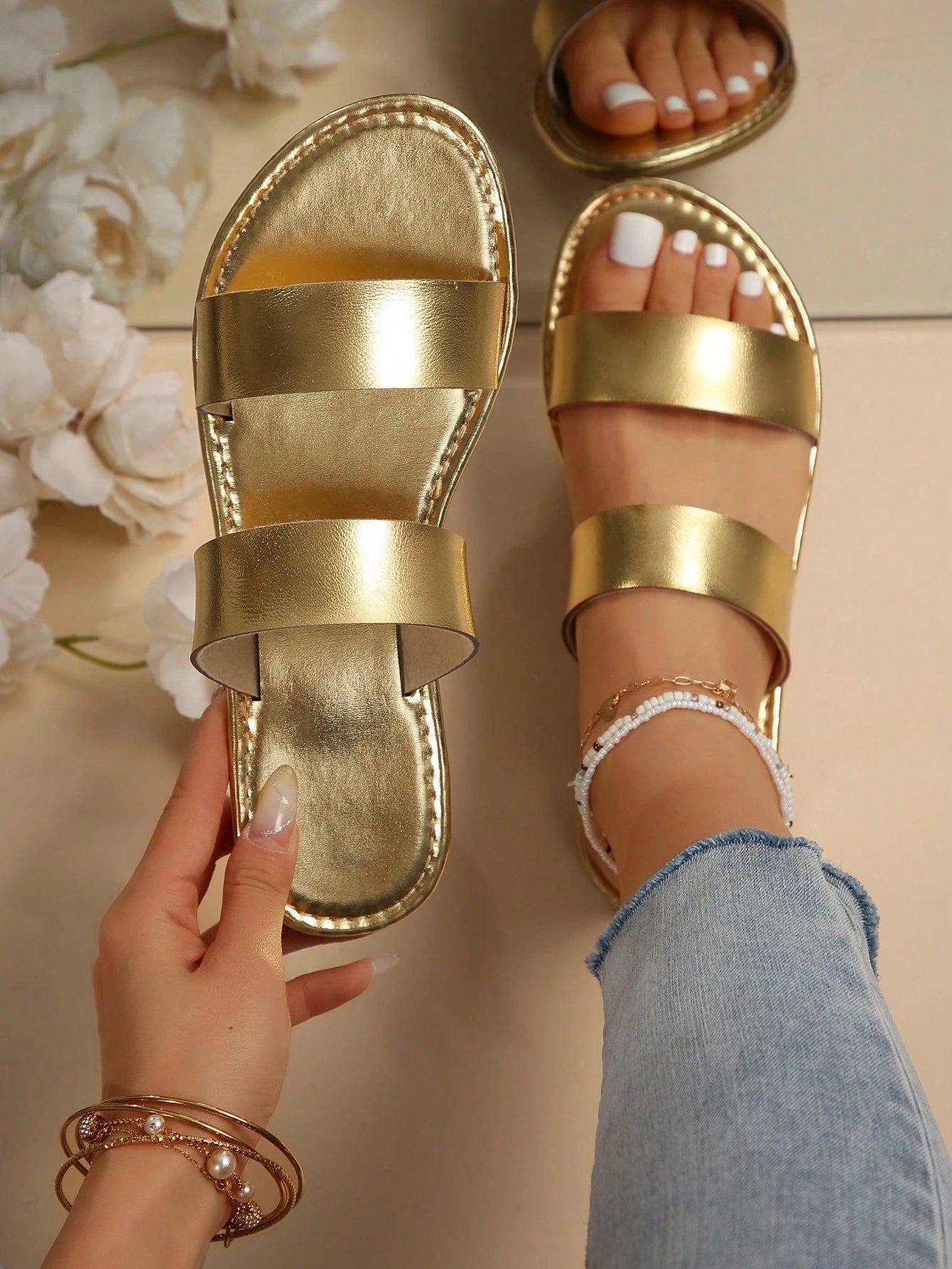 Women's Flat Fashion Casual Gold Beach Indoor Outdoor Party Leather Sandals