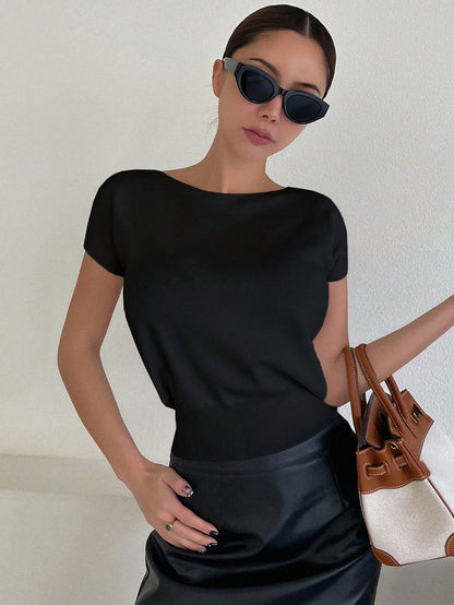 Livesso Solid Color Slim Fit Short Sleeve Knitted Top For Women Summer,Teacher Outfits