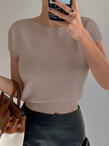 Livesso Solid Color Slim Fit Short Sleeve Knitted Top For Women Summer,Teacher Outfits