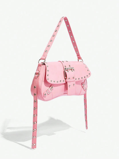 SHEIN X Lucía Bellido SHEIN SXY Fashionable Black Stud Shoulder Bag For Women, Versatile, Shopping Bag, Cool, Street Bag, Teenagers