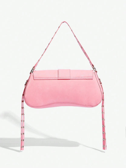 SHEIN X Lucía Bellido SHEIN SXY Fashionable Black Stud Shoulder Bag For Women, Versatile, Shopping Bag, Cool, Street Bag, Teenagers