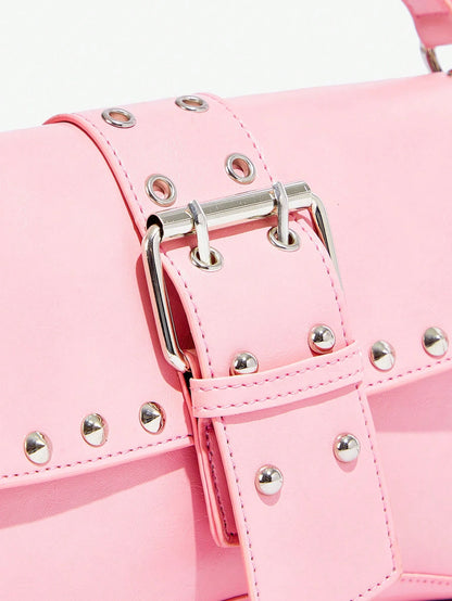 SHEIN X Lucía Bellido SHEIN SXY Fashionable Black Stud Shoulder Bag For Women, Versatile, Shopping Bag, Cool, Street Bag, Teenagers