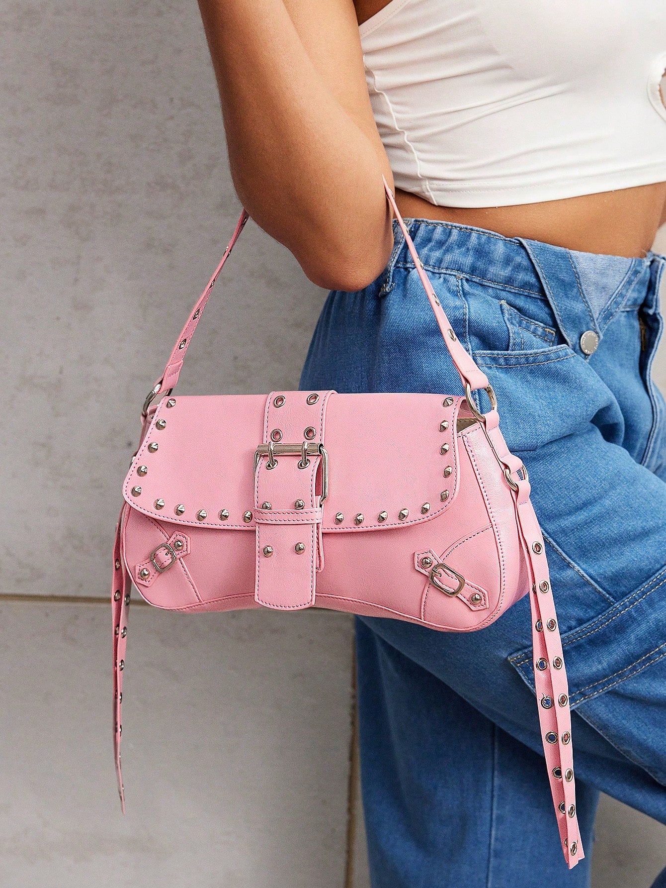 SHEIN X Lucía Bellido SHEIN SXY Fashionable Black Stud Shoulder Bag For Women, Versatile, Shopping Bag, Cool, Street Bag, Teenagers