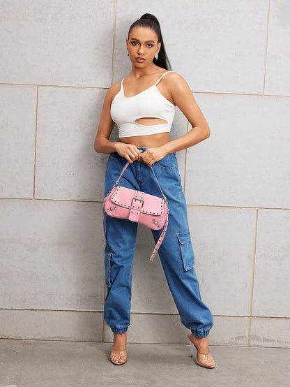 SHEIN X Lucía Bellido SHEIN SXY Fashionable Black Stud Shoulder Bag For Women, Versatile, Shopping Bag, Cool, Street Bag, Teenagers