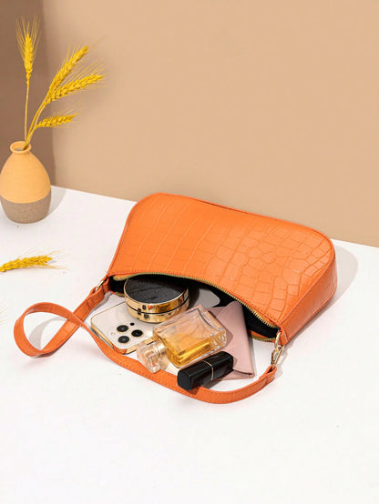 Women's Fashion Solid Color Crocodile Pattern Baguette Shoulder Bag