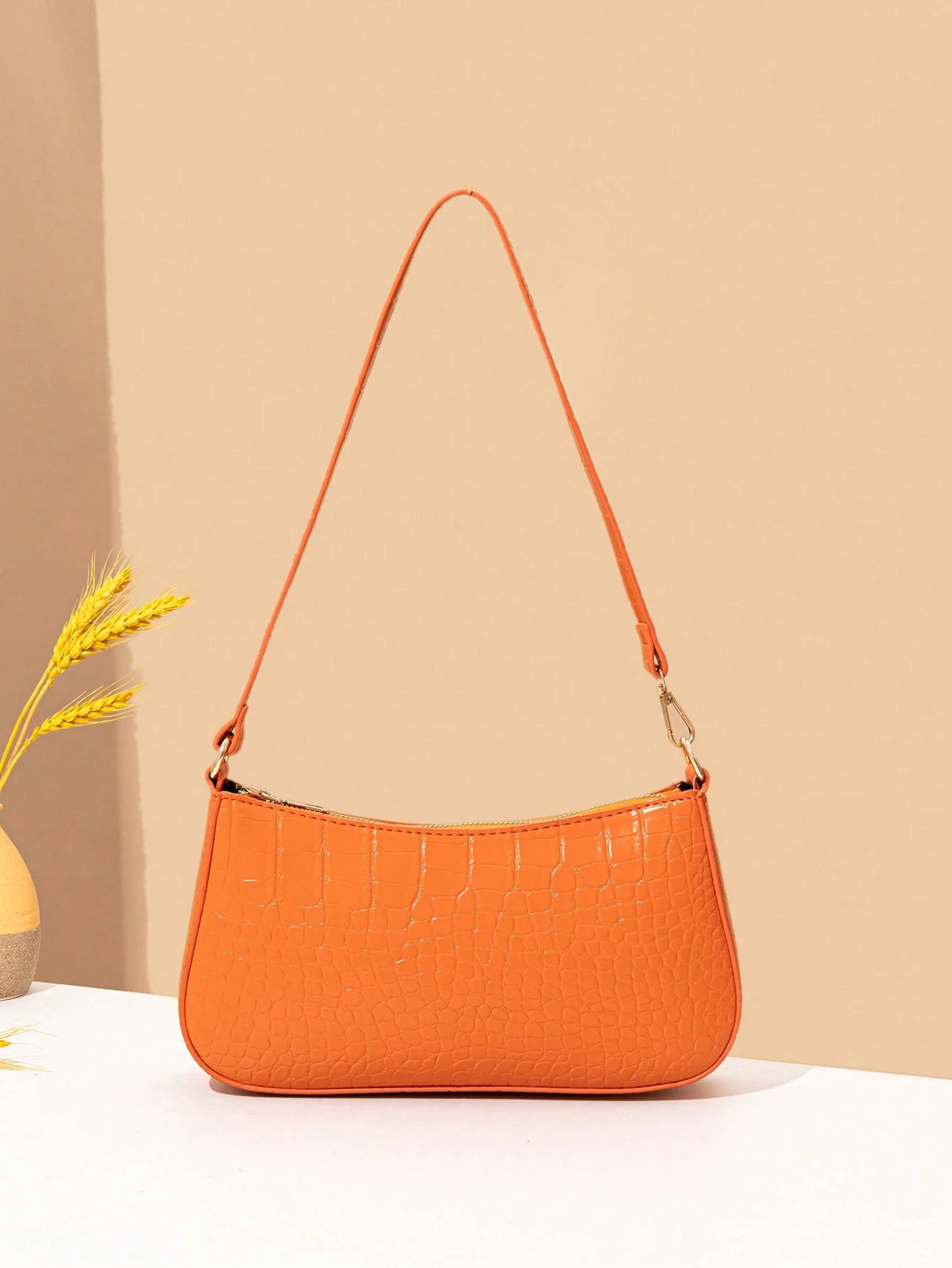 Women's Fashion Solid Color Crocodile Pattern Baguette Shoulder Bag