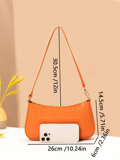Women's Fashion Solid Color Crocodile Pattern Baguette Shoulder Bag