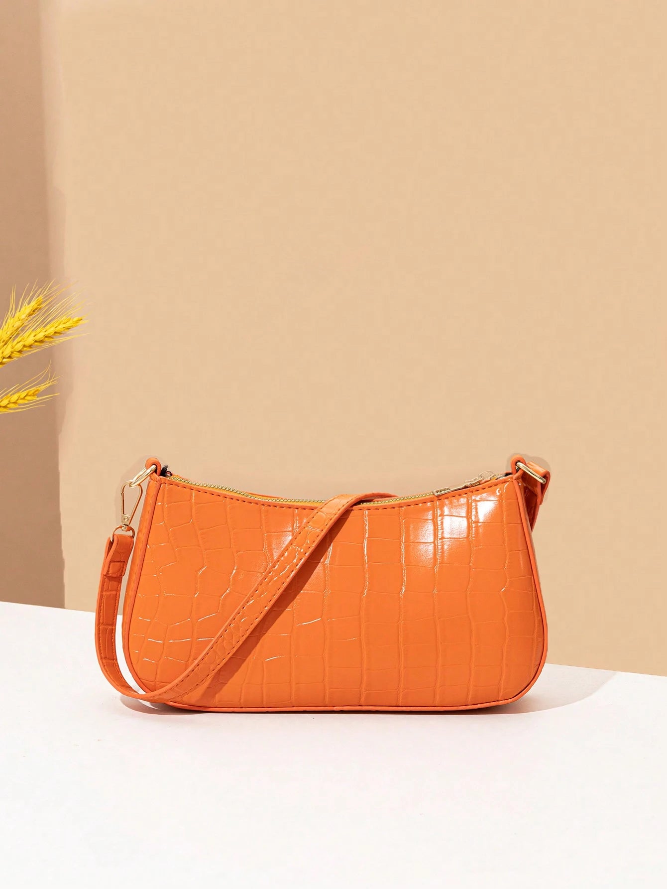 Women's Fashion Solid Color Crocodile Pattern Baguette Shoulder Bag