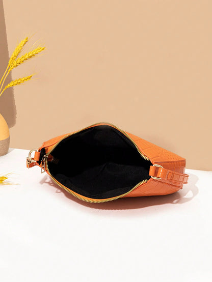 Women's Fashion Solid Color Crocodile Pattern Baguette Shoulder Bag