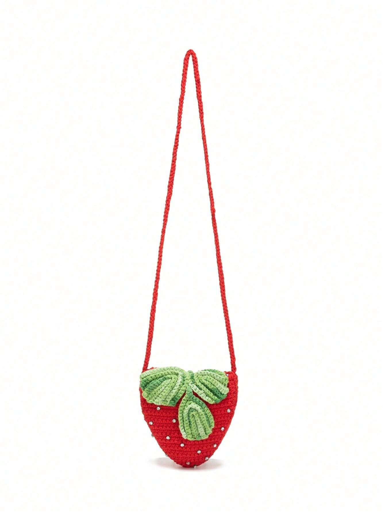 Handmade Creative Crochet Strawberry Handbag With Rhinestones, & Cute Strawberry Purse Valentines