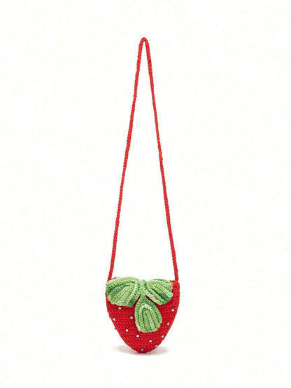 Handmade Creative Crochet Strawberry Handbag With Rhinestones, & Cute Strawberry Purse Valentines