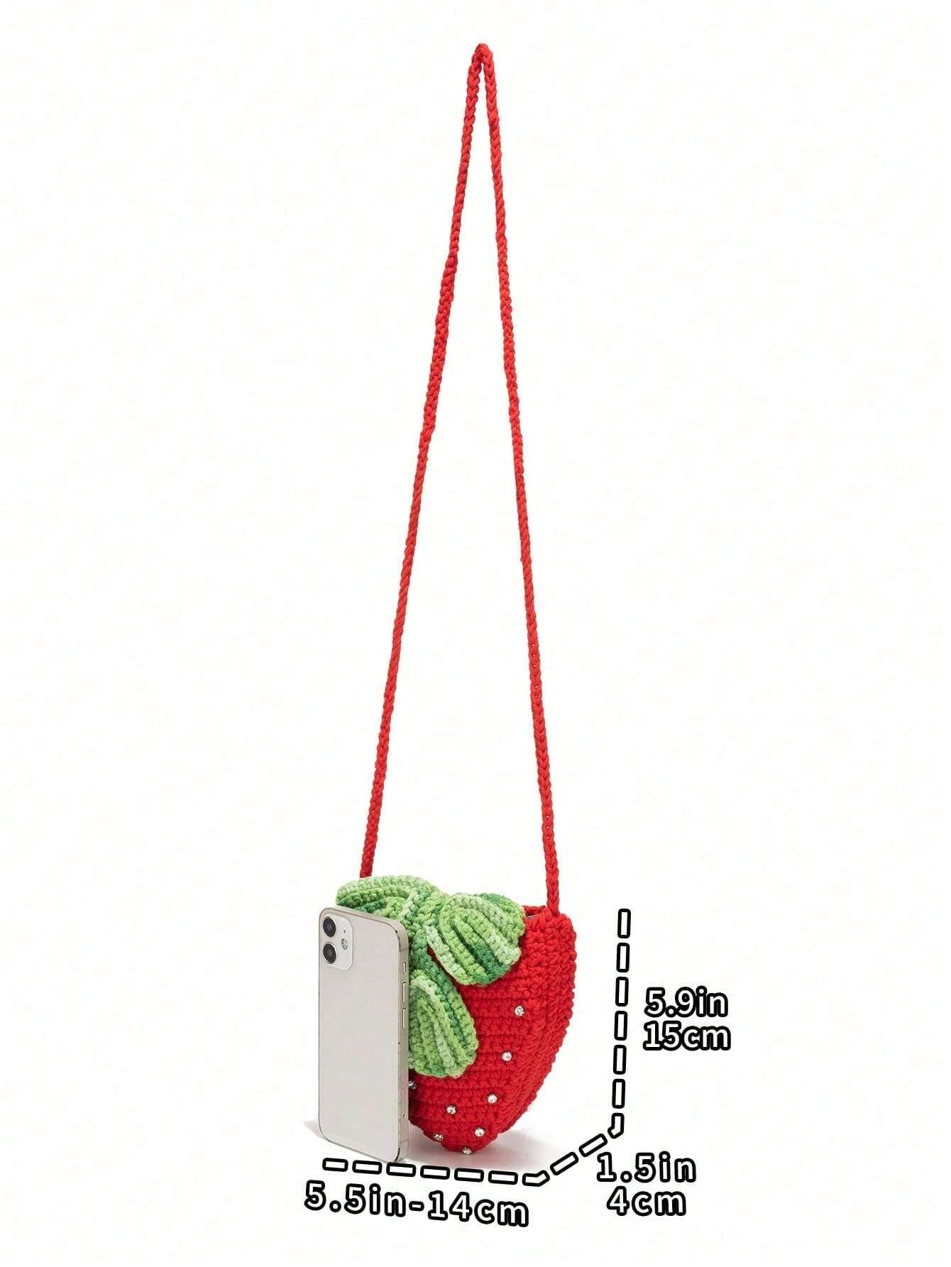 Handmade Creative Crochet Strawberry Handbag With Rhinestones, & Cute Strawberry Purse Valentines