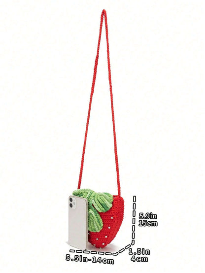 Handmade Creative Crochet Strawberry Handbag With Rhinestones, & Cute Strawberry Purse Valentines
