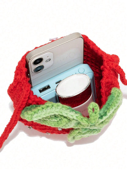 Handmade Creative Crochet Strawberry Handbag With Rhinestones, & Cute Strawberry Purse Valentines