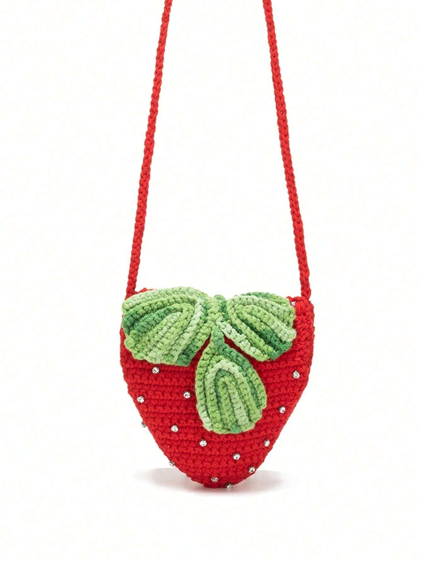 Handmade Creative Crochet Strawberry Handbag With Rhinestones, & Cute Strawberry Purse Valentines