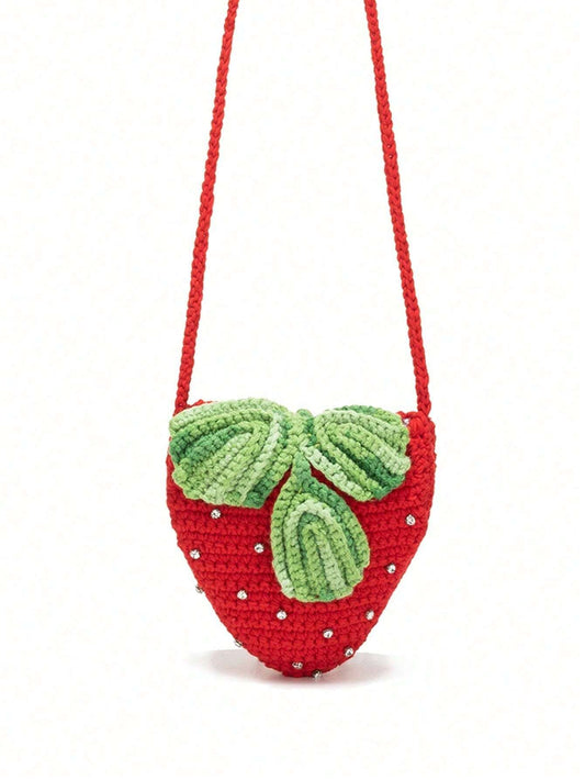 Handmade Creative Crochet Strawberry Handbag With Rhinestones, & Cute Strawberry Purse Valentines