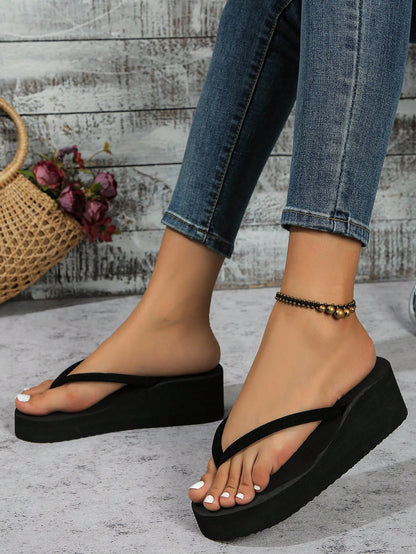 Women's Summer Fashion Thick Heel Platform Wedge High Heel Flip-Flops Beach Slipper With Slip-Resistant Sole, Perfect For Outdoor Beach Wedding