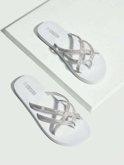 Fashionable Black Rhinestone Decorated Slippers For Women Vacation Shoes Summer Back To School Shoes College Student Shoes Spring Shoes Spring Break Easter For Casual Beach Style