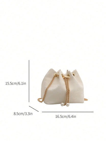 Fashion Solid Color Hollow Out Woven Chain Drawstring Mini Crossbody Bucket Bag