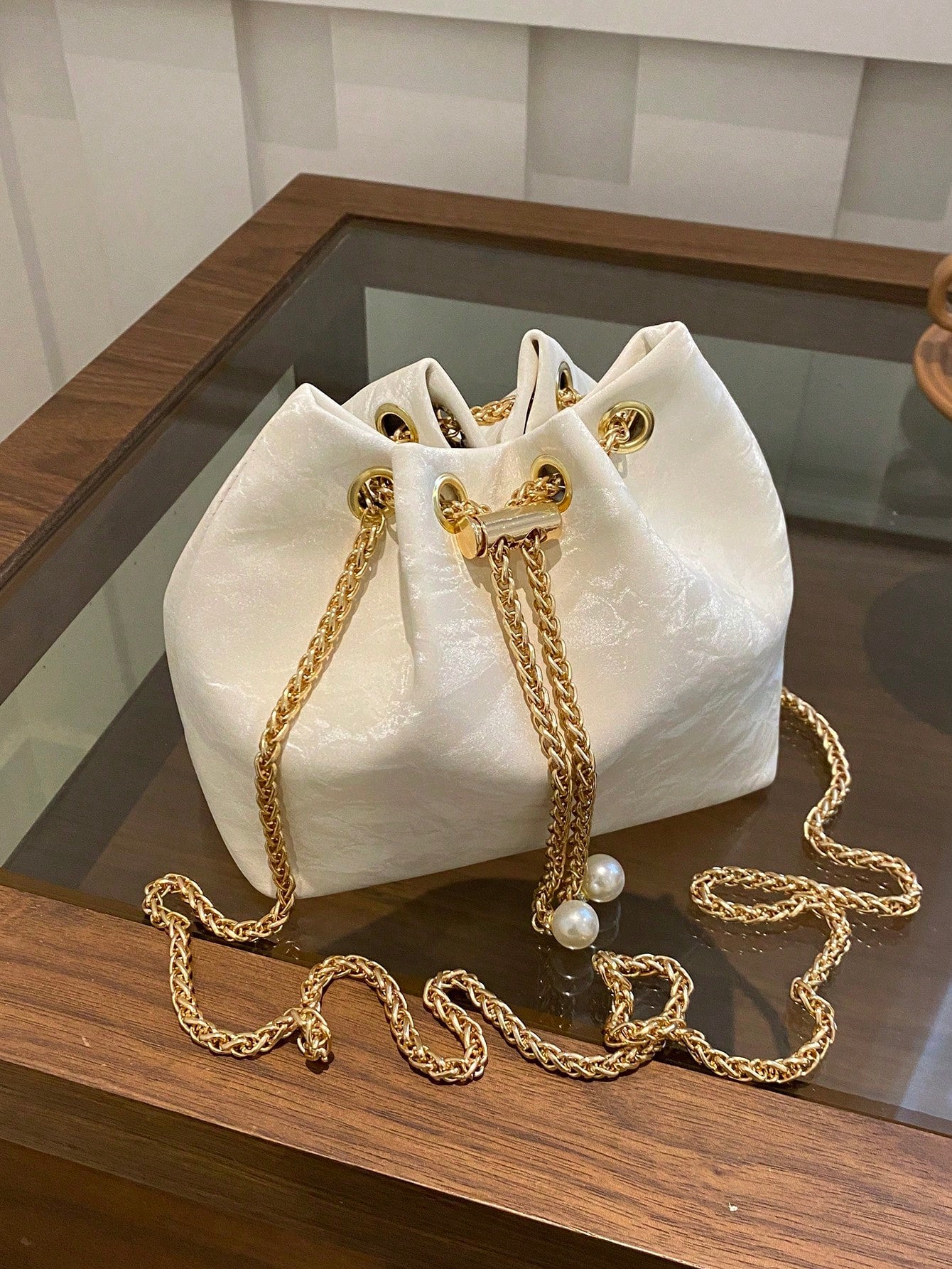 Fashion Solid Color Hollow Out Woven Chain Drawstring Mini Crossbody Bucket Bag